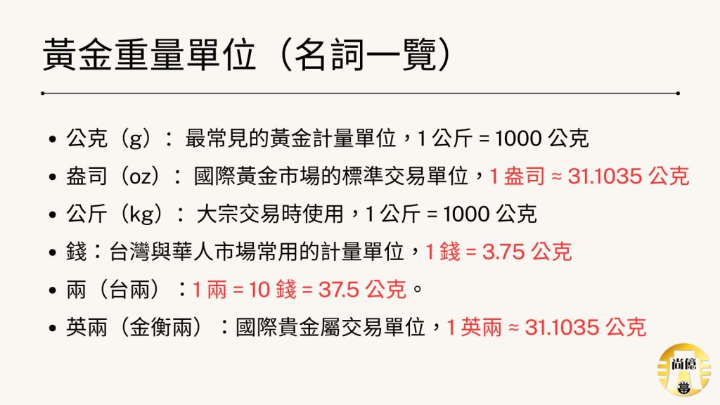 黃金重量單位（名詞一覽）