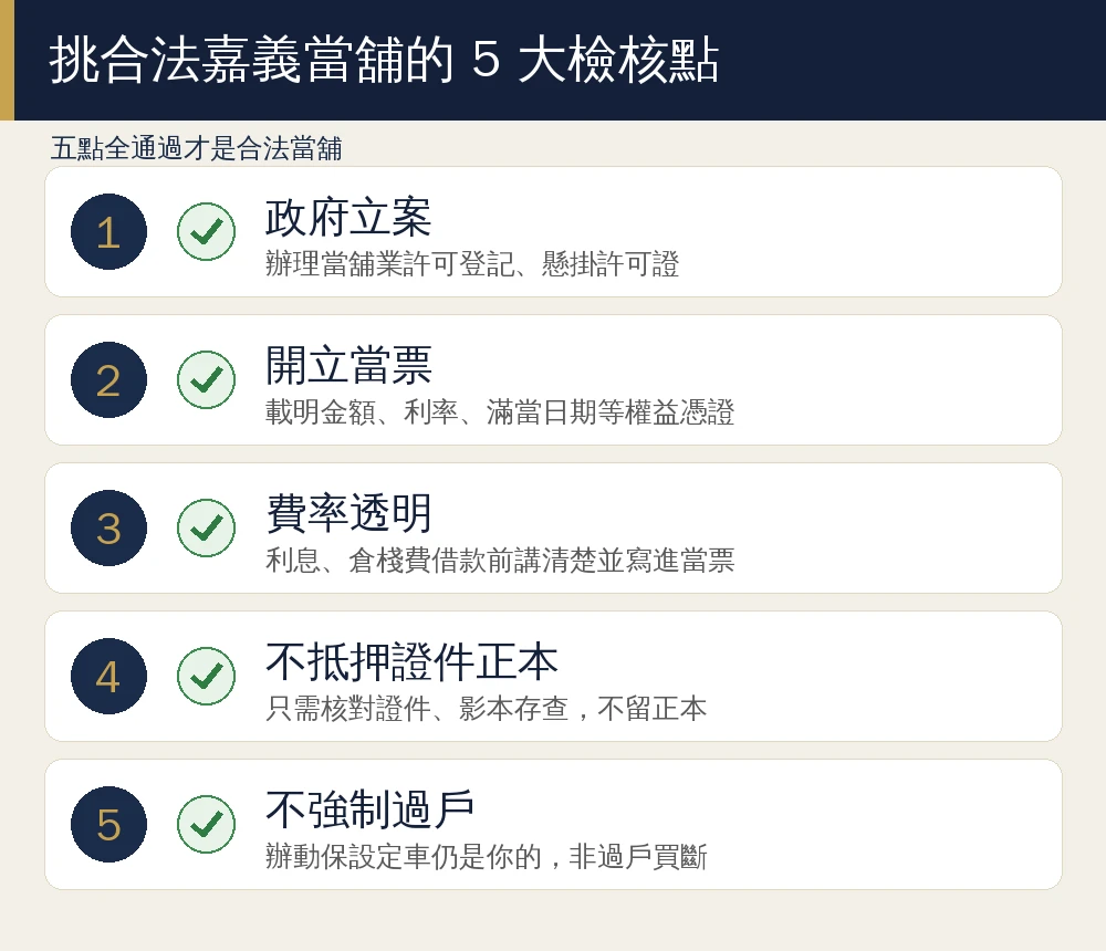 嘉義當舖推薦怎麼挑?5 招看懂合法當舖+利息額度一次搞懂 7 挑合法嘉義當舖 5 大檢核點資訊圖:政府立案許可登記、開立當票、費率透明、不抵押證件正本、不強制過戶