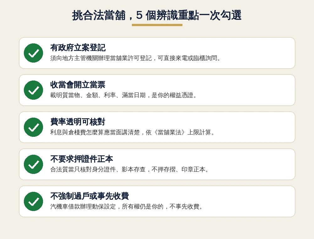 嘉義借錢除了當舖,還有哪些合法管道?信用卡預借現金、保單借款比較 2 合法當舖5個辨識重點勾選清單資訊圖:政府立案登記、收當開立當票、費率透明可核對、不要求押證件正本、不強制過戶或事先收費